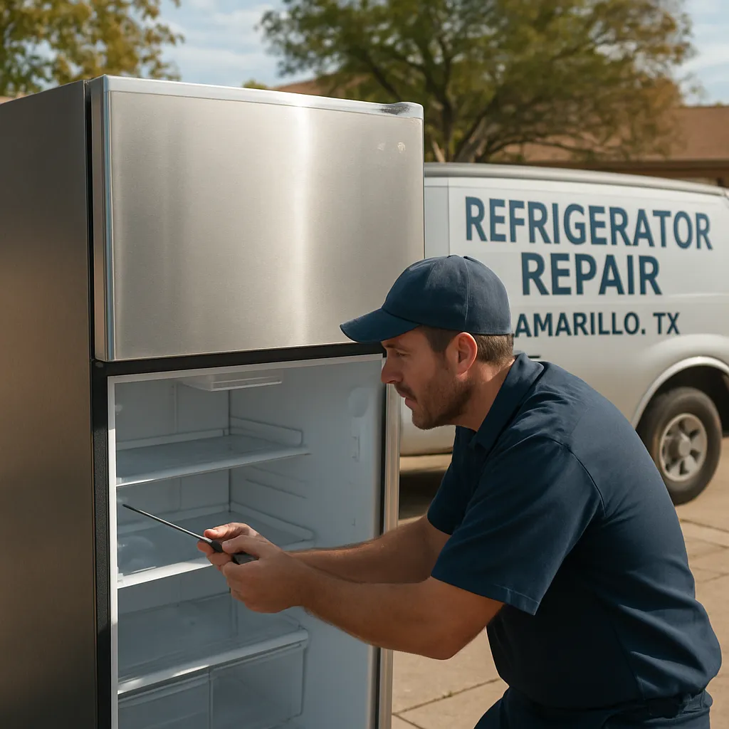 Refrigerator Repair technician working in an Amarillo home